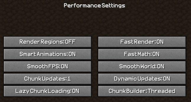 Screenshot of OptiFine recommended settings